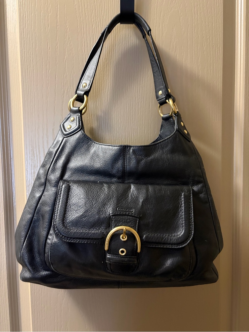 Coach Black Pebbled Leather Hobo Shoulder Bag Brass Buckle